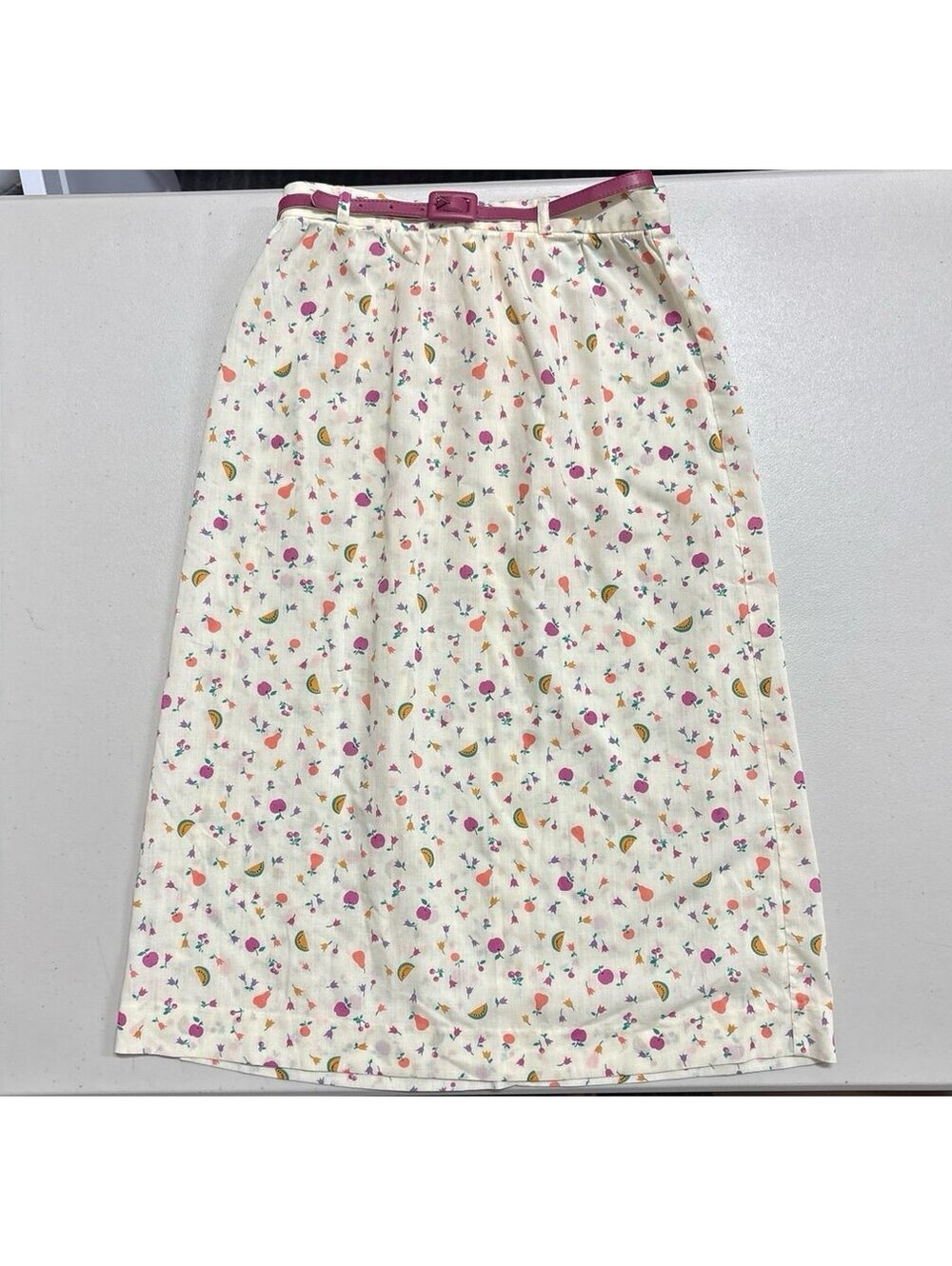 Vintage Sears JR Bazaar Fruit Print Skirt Juniors Size 11 Cream Cotton 80s